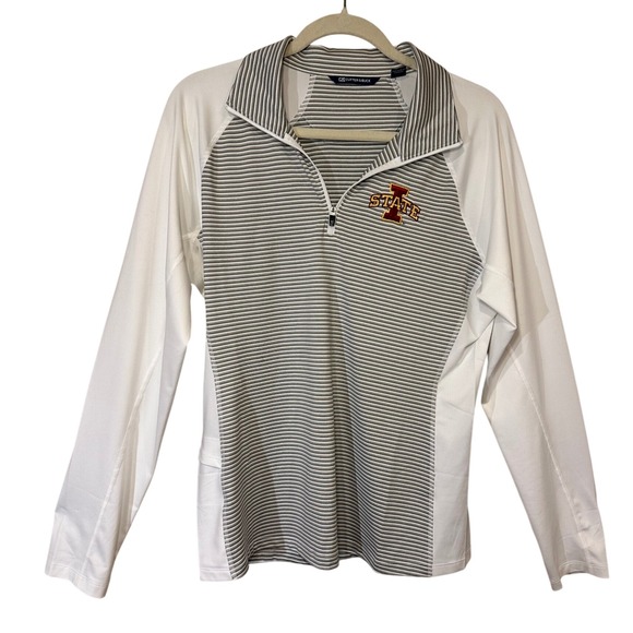 Cutter Buck Iowa State ISU Quarter Zip Pullover Gray White Striped Large Womens - Picture 1 of 5